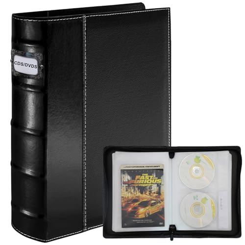 Salajory CD DVD Storage Binder with Zipper - Holds 56 Discs & 28 Booklet Pockets & 56 Tag Slots, High-end PU Leather Cover for Blu-ray Movies, Music CDs, Audio Disks, Portable Media Organizer