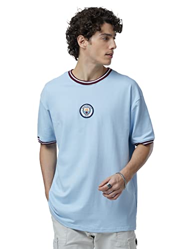The Souled Store|Official Manchester City: City Blues Mens and Boys Oversized T-Shirts|Half Sleeve|Loose fit Graphic Printed| 80% Cotton 20% Polyester White and Blue Color Men Oversized T-Shirts