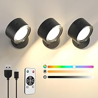 LED Wandleuchte mit Fernbedienung, 3 Stück Kabellose Akku Wandlampe, 16 Farbmodi RGB Ambiente Wandlichter ohne Stromanschluss, 360° Drehbare Aufladbare Leuchten für Kinder Wohnzimmer Schlafzimmer