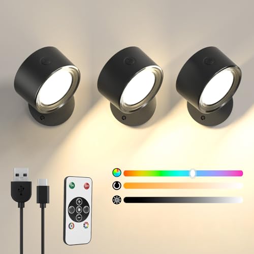 LED Wandleuchte mit Fernbedienung, 3 Stück Kabellose Akku Wandlampe, 16 Farbmodi RGB Ambiente Wandlichter ohne Stromanschluss, 360° Drehbare Aufladbare Leuchten für Kinder Wohnzimmer Schlafzimmer