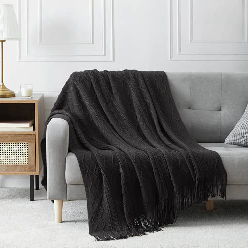 BOURINA Black Throw Blanket 50x60 Inch Boho Knitted Soft Throw Sofa Blanket