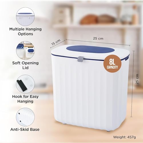 Image of Kuber Industries Plastic 8L Hanging Kitchen Trash Can With Lid | Wall Mounted Dustbin For Bathroom | Kitchen Cabinet Door Hanging Storage Bucket | Garbage Bin for Toilet