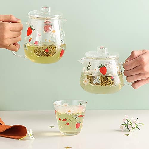 Miniatura 7 de Sizikato Tetera de vidrio de borosilicato transparente con colador de té, bonito patrón de fresa, 18 onzas
