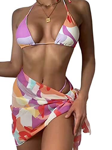 Zeelina Damen 3 Stück Triangel Bikini Badeanzug mit Strand Cover Up Rock Zebra Print Badeanzug Bademode, rose, Medium Cover