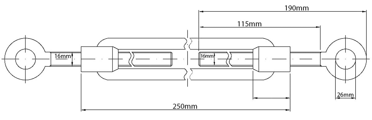 Tenditori M16 x 250 mm Occhio & Eye Tenditore Filo Gancio Chiuso Filettato Gancio A4 Marine Grade Acciaio Inox (confezione da 2)