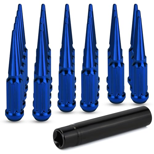 24Pcs M14x1.5 Spike Lug Nuts, 4.4" Tall Acorn Style with Socket Key – Compatible with Chevy Silverado, Ford F-Series, GMC, Blue