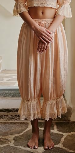 Image of NUFIWI Women Ruffle Long Bloomer Y2k Lace Trim Pettipants Pantaloons Mid Rise Cropped Pajama Pants Under Dress Slips