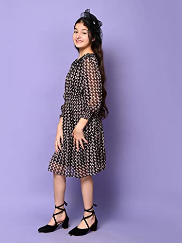Image of LILPICKS Girls All Over Printed Drop Waist Long Sleeve Dress (Black Purple)
