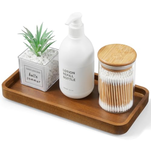Image of ALELION 10 inch Acacia Wood Bathroom Vanity Tray for Counter, Wooden Soap Dispenser Tray for Kitchen, Toilet Tank Tray, Perfume Makeup Jewelry Catchall Organizer