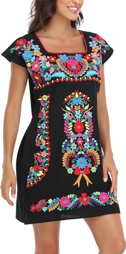 Image of YZXDORWJ Women Mexican Embroidered Dress Ruffle Collar Sleeveless