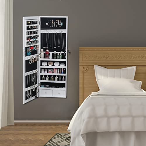 Jewelry Mirror Cabinet Jewelry Cabinet Armoire Organizer Lockable Storage Organizer For Hanging Wall And Door Mounted With Led Lights, Full Mirror Jewelry Organizer, White #TOP3