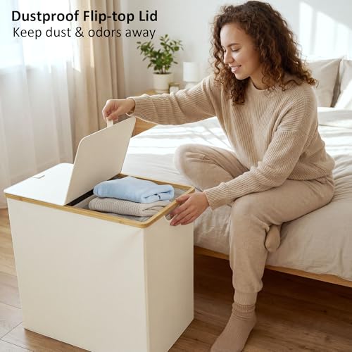 efluky Wäschekörbe mit Deckel und 2 Fächern, Schmutzwäschebehälter, Doppel-Korb, Aufbewahrung von Wäsche mit 2 entfernbaren Wäschesäcken, 140L Beige