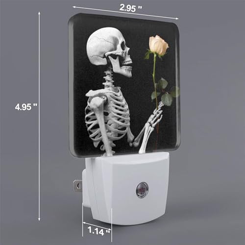 Image of Hippie Skull Skeleton Night Light Set of 2, Pink Rose Auto Sensor LED Dusk-to-Dawn Nightlights, Plug-in Sensor Lamp for Bedroom Bathroom Kitchen Hallway Stairs Decorative