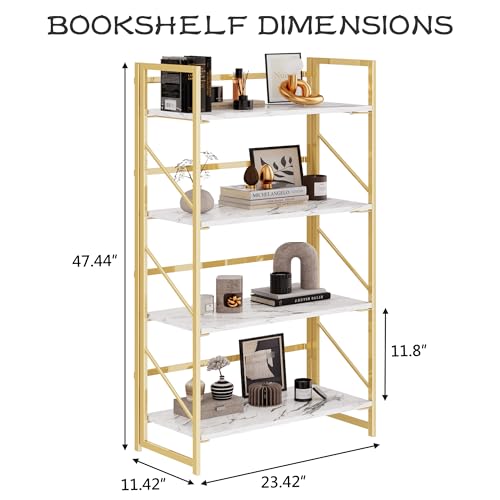 Image of JSB 4 Tier No Assembly Folding Bookshelf, Foldable Storage Bookcase for Home Office, Space-Saving Storage Shelf for Living Room, Bedroom, Office (White&Gold)