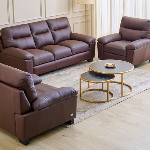 Image of Home Centre | Winchester | Half Leather|Solid Wood | Sofa Sets | Brown | Sofa Set 3+1+1 | 1 Year Warranty