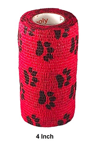 Fita adesiva adesiva veterinária (vermelha com impressões de patas) (pacote com 2) (5 cm x 4,6 m) au