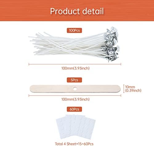 Bepilesto 100 Pcs Cotton Candle Wicks 10cm, Pre-Waxed Low Smoke Candle Making Kits with 5 Candle Wick Holders and 60 Glue Dots, for Soy Beeswax Adults Making Candles