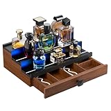 TIRYIUOU Perfume Cologne Organizer for Men: with LED Light 3 Tier Wooden Perfumes Stand, Desktop Parfum Holder Wood Display Shelf with Cabinet, Bedroom Makeup Lotion Jewelry Storage Rack with Drawer