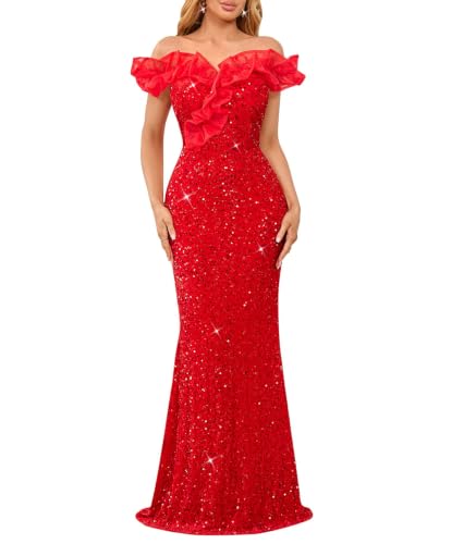 COLOLURA Women Sequin Off Shoulder Ruffle Mermaid Formal Dress Evening Gown