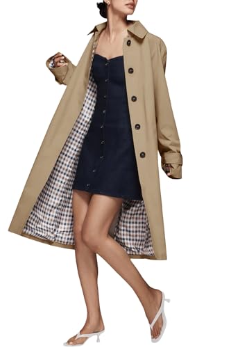Fnortc Windproof Women's Long Single Breasted Trench Coat Oversized Style with Checkered Lining...
