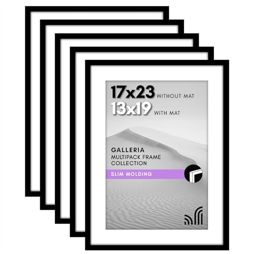 Americanflat 17x23 Picture Frame with Polished Plexiglass - Set of 5 - Use as 13x19 Frame with Mat or Display 17x23 Photo Without Mat - Galleria Collection - Picture Frames for Wall Display - Black