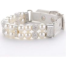 N/E ZHEXUNDIAN Dog Collars Pet Collars PU Leather Dog Collar Artificial Pearls Rhinestone Pet Collars for Small Dogs Necklace Color White, Size L