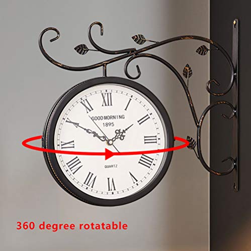 Horloge murale double face rétro en fer forgé avec support métal doré - 3