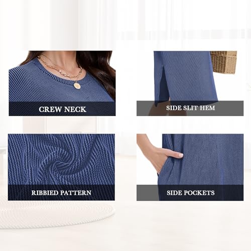 Image of Womens Casual T Shirt Dress Summer Fall Crewneck Loose Fit Side Split Knee Length Dress Ribbed Pattern with Pockets