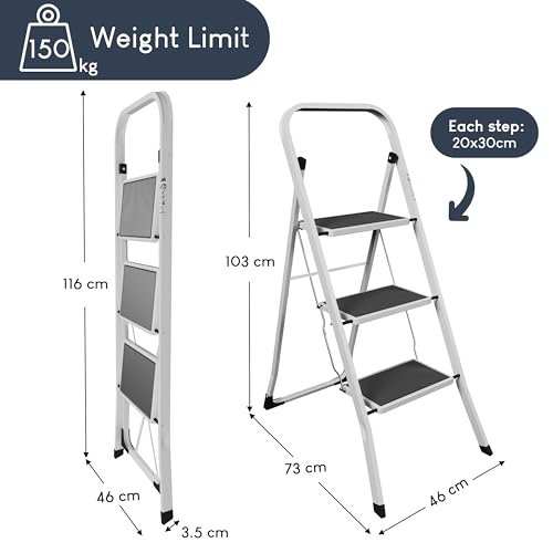 Home Vida 3 Step Ladder - Heavy Duty Steel Folding Step Ladder with Anti Slip feet and Wide Steps, Space Saving,150kg Max Load, Home/Kitchen/DIY/Garden Use, White