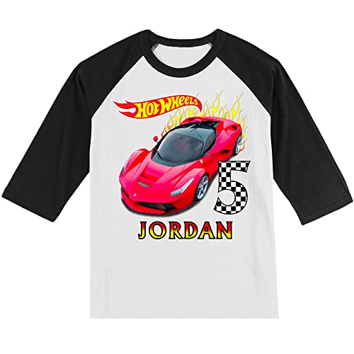 Personalized Hot Race Car Birthday Shirt | Personalized with Name and Age | Unisex 3/4 Sleeve Raglan T-Shirt