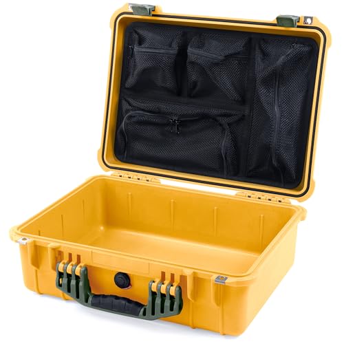 Pelican 1520 Case by ColorCase - Yellow - Medium Size Waterproof Case with Mesh Lid Organizer - OD Green Handles & Latches