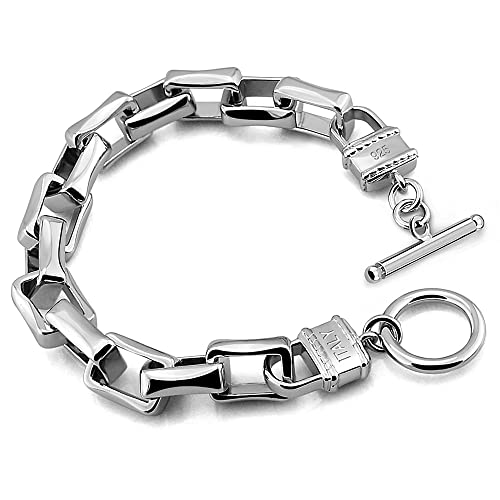 Solid 925 Sterling Silver Cube Link Chain Two Locks Bracelet Chunky Thick Large Bracelet 10.5mm for Men & Women