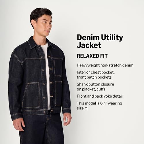 Image of Amazon Essentials Men's Heavyweight Rigid Denim Relaxed-Fit Utility Jacket with Pockets, Shank Button Closure