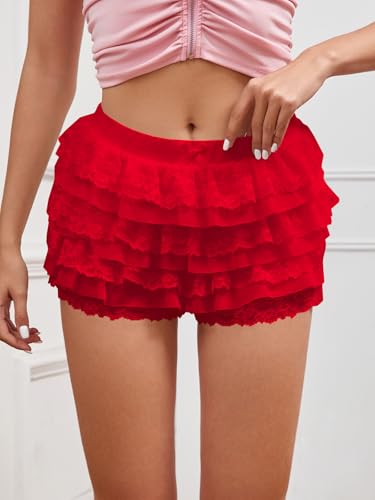 Image of Women Y2K Lace Multi-Layered Bloomers Lolita Ruffle Shorts Cute Mini Skirt | Tiered layers, elastic waist, pumpkin pants, for rave party /country concert /festival