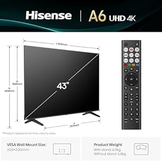 Hisense 43" 43A6QTUK 4K Ultra HD Smart TV AI TV - 4K UHD, Hi-View AI Engine, Precision Colour, AI Smooth Motion, Sports Mode with Freely, Disney +, YouTube, Netflix