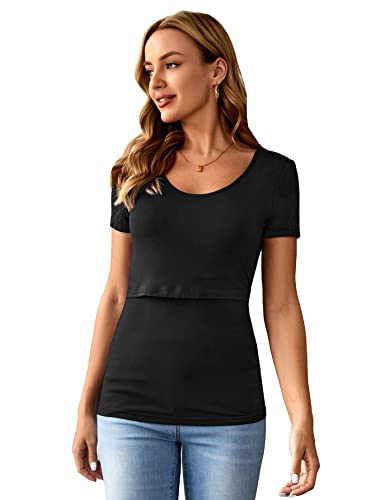 Gorglitter Women's Short Sleeve Maternity Nursing Tops Scoop Neck Breastfeeding T-Shirt Black Medium #TOP26