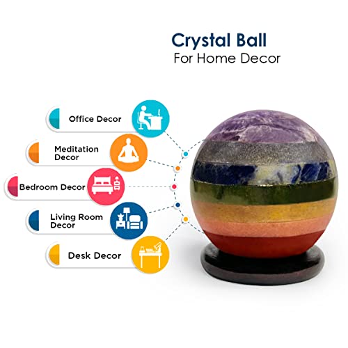Image of Shubhanjali Feng Shui 7 Chakra Crystal Sphere Ball 100-150g with Wooden Stand | Natural Healing Stone for Vastu, Reiki Healing, Positive Energy, Chakra Balance, Spiritual Growth & Home Decor