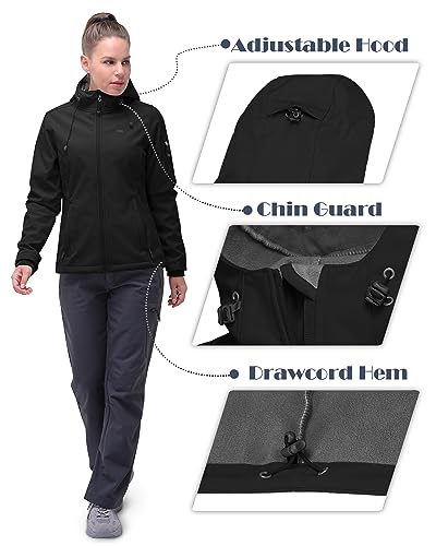 33,000ft Softshelljacke Damen Wasserdichte Atmungsaktive Warme Winterjacke Fleece Übergangsjacke Winddichte Funktionsjacke mit Kapuze Schwarz M