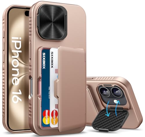 Image of for iPhone 16 Case with Card Holder & Camera Lens Cover & Stand, Military Grade Drop Protection Shockproof Rugged Kickstand Wallet Protective Phone Case Cover for iPhone 16 6.1 inch 2024, Rose Gold