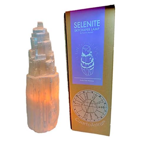 Selenite Skyscraper by CuartoAstral (Medium) Healing Stone Activated by Reconnective Energies - Cleansed by Exposure to Healing Frequencies - Harmonizer - Protection - Peace - LED Bulb and White Cord Cover