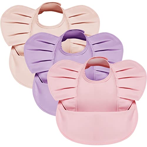 Image of JaGely 3 Pack Waterproof Baby Bibs for Girls Soft Feeding Bibs for Girl Baby Eating Smock Bibs with Food Catcher Better Than Silicone Baby Girl Bib Smock Soft Feeding Bib for Babies