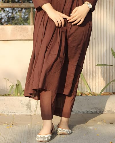 Image of ANILINE Women's V-Neck, Button Front, three-quarter sleeves, Anarkali shape, Empire Waist, Pleated Design Kurta With Pant