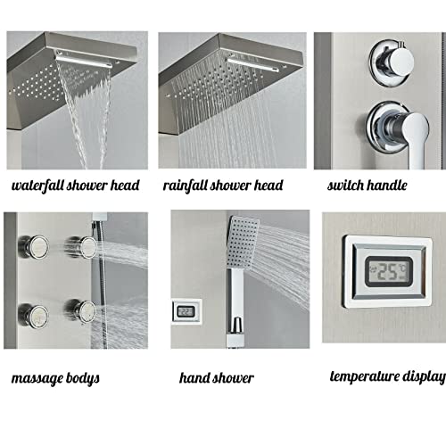 Columna de ducha con panel de masaje, sistema de ducha lluvia y cascada, acero inoxidable miniatura 7