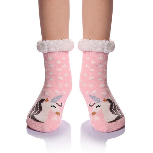 Kid Boy Girl Soft Thick Warm Slipper Socks Winter Fleece Lined Fuzzy Christmas Stocking For Child Toddler Home Socks(Pink Unicorn-B, 8-12 Years)