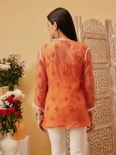Image of Ada Women's Georgette Regular Fit Chikankari Hand Embroidered Lucknowi Short Top Kurti with Slip A211683