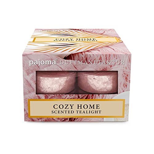 pajoma® Duftteelichte 12 Stück, Cozy Home | mit Stearinsäure-Wachs in Polycarbonathülle | Brenndauer ca. 3 Stunden - Höhe 1,5 cm ø 3,5 cm | Premium Qualität | Deko, Gastronomie, Outdoor