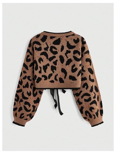 Women's Y2k Cheetah Cardigan Sweater Bow Tie Front Cardigan Leopard Print Crop Sweater Long Sleeve Crew Neck Knit Top2