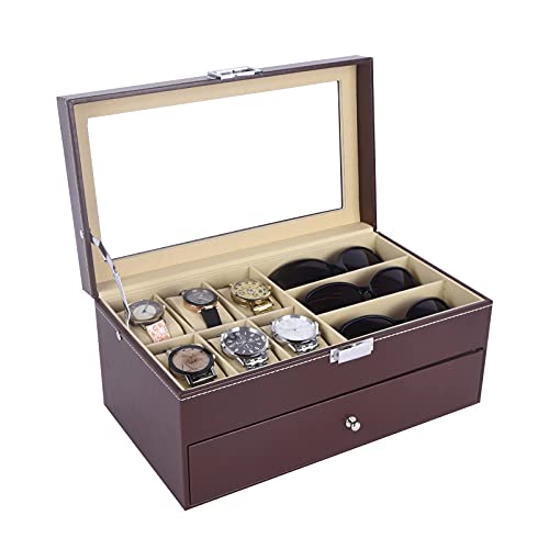 Autoark Leather 6 Watch Box Jewelry Case And 9 Piece Eyeglasses Storage And Sunglass Glasses Display Drawer Lockable Case Organizer,Brown,Aw-130 #TOP3
