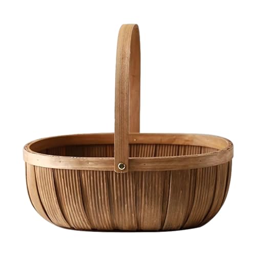 RMWHGDUL Cesta Tejida Canasta de Almacenamiento de Madera Fina Cesta de Pan Frutas Verduras con Mango Fácil Limpieza Adecuada para Paseos al Aire Libre, Talla L, Individual