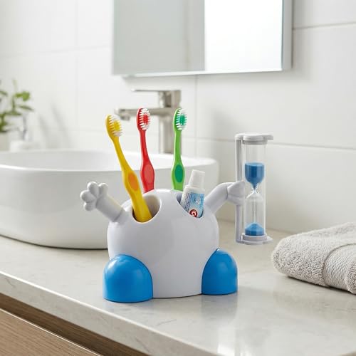 Lantelme Zahnbürstenhalter für Kinder mit Sanduhr 3 Minuten und Platz für 4 Zahnbürsten | Zahnbürstenständer aus Kunststoff Farbe weiß blau | Maße 12 x 5 x 10cm | Badezimmer Halter Bedarf und Zubehör
